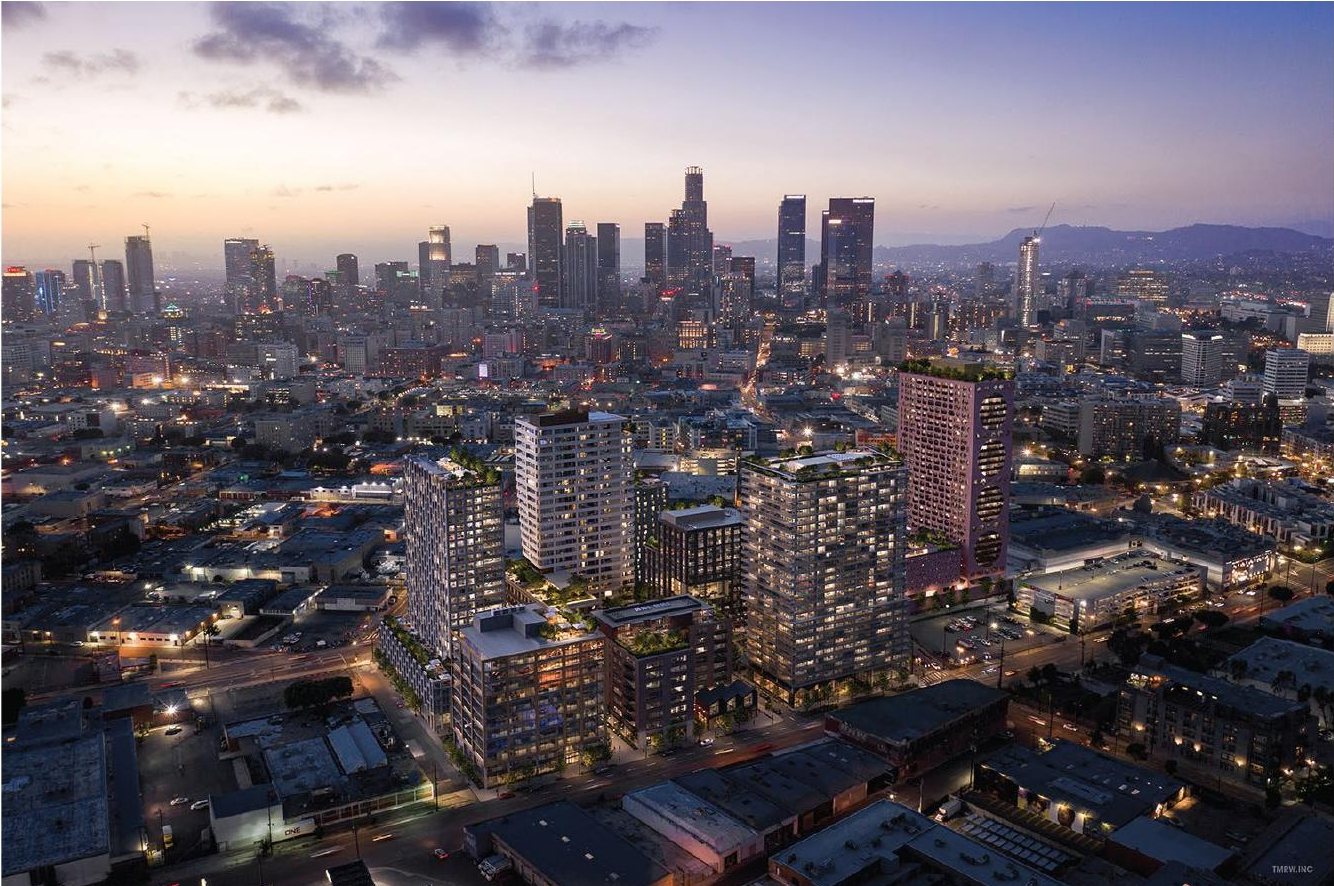 Dusk aerial rendering of the Fourth and Central district and its towers beside Downtown Los Angeles