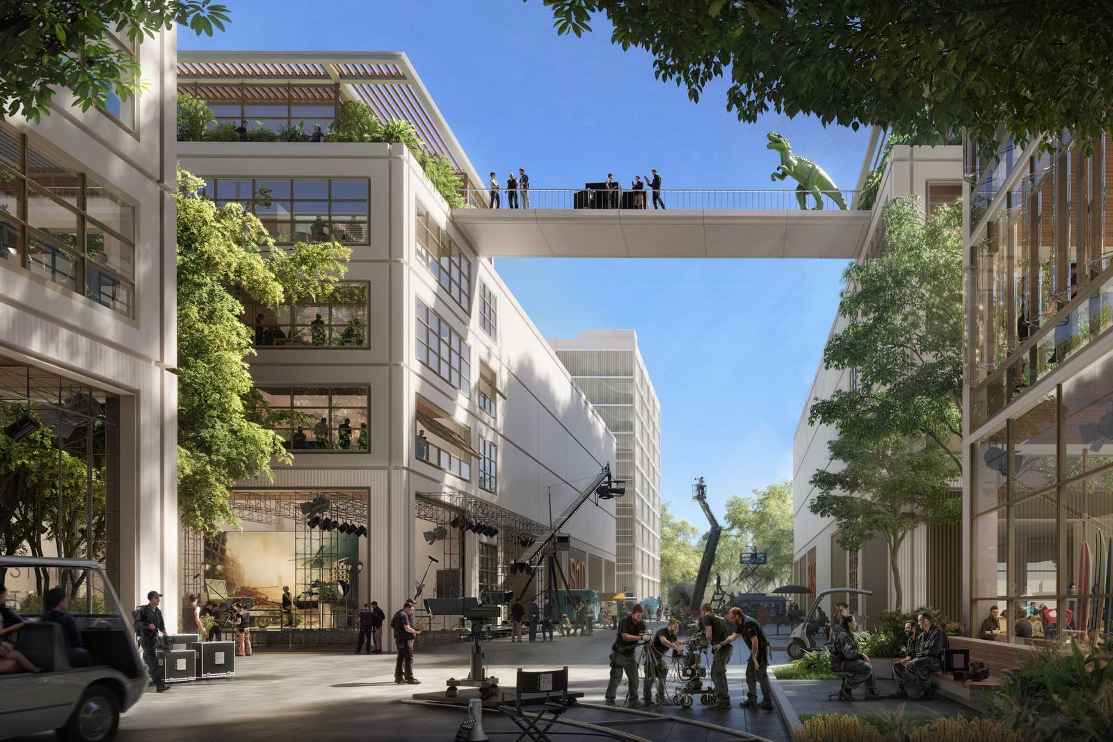 Rendering of an active movie lot lined by landscaped production buildings at Television City in Fairfax